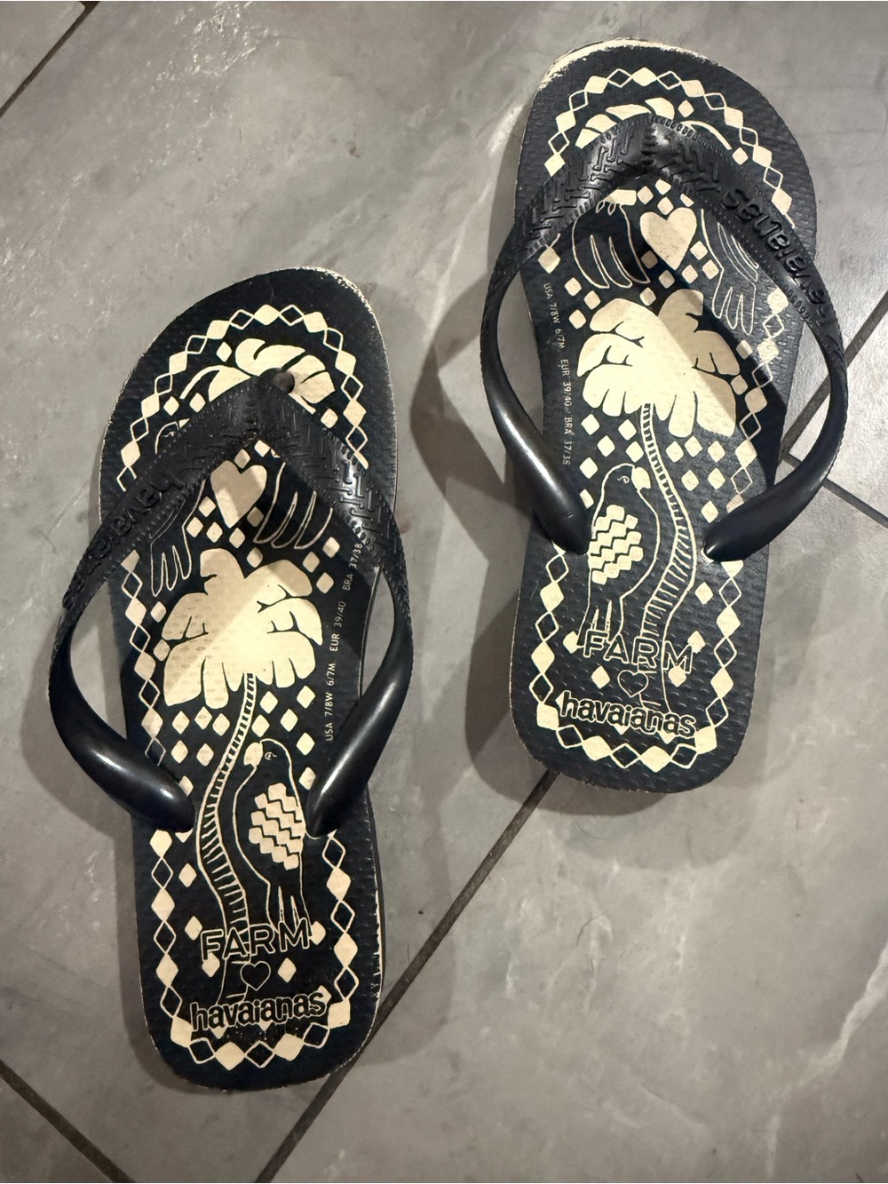 Havaianas x Farm Rio Black Flip Flops with Cream Palm & Bird Print